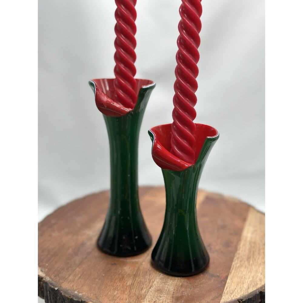 Blown Glass Red Green Cased Jack In The Pulpit Style Vase Candle Holder Pair